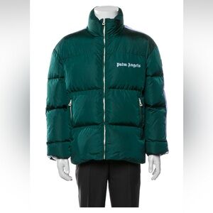 Palm Angels Green Puffer Jacket with High Collar and Full-Length Zipper